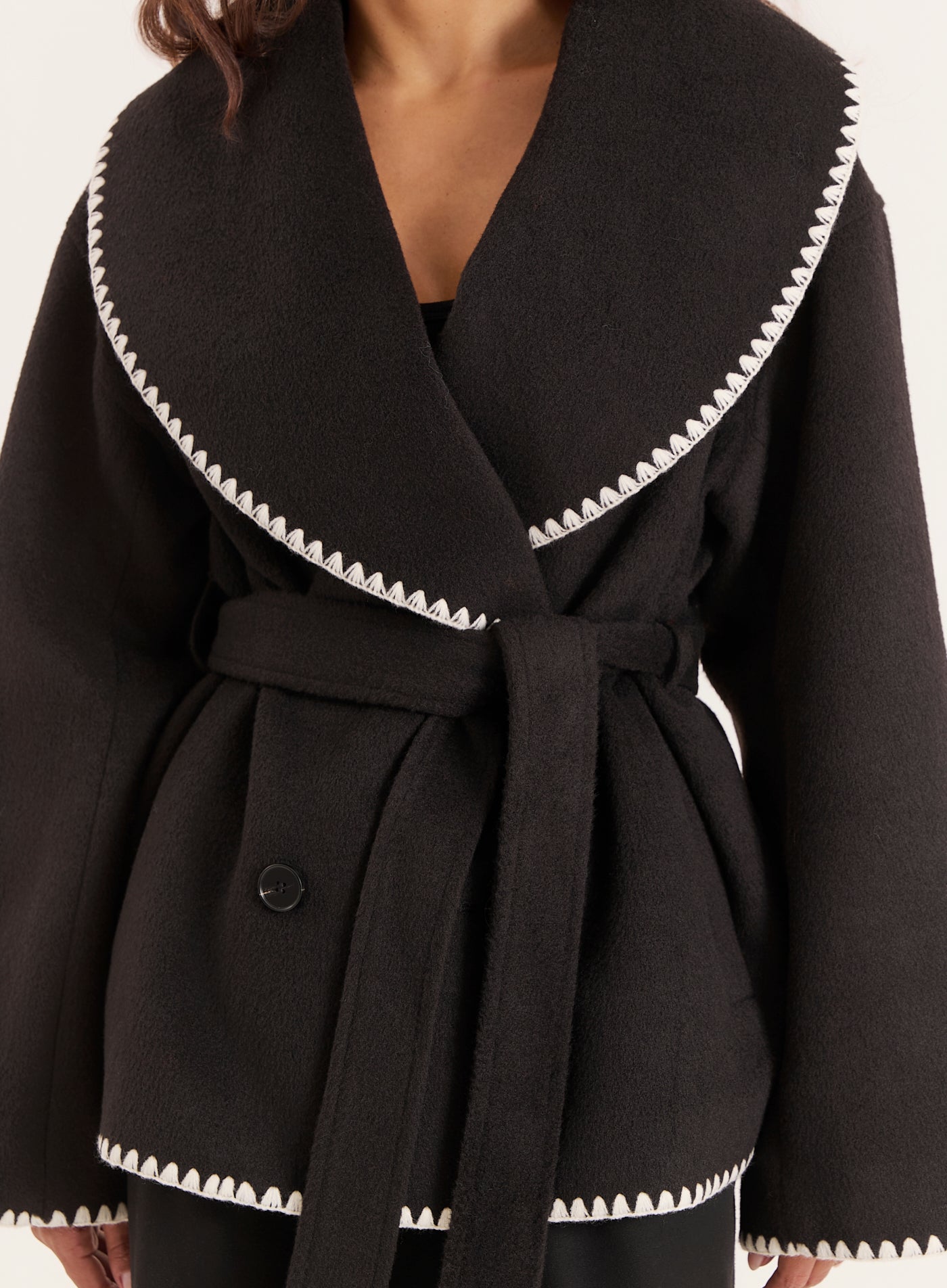 Black Contrast Stitch Belted Jacket